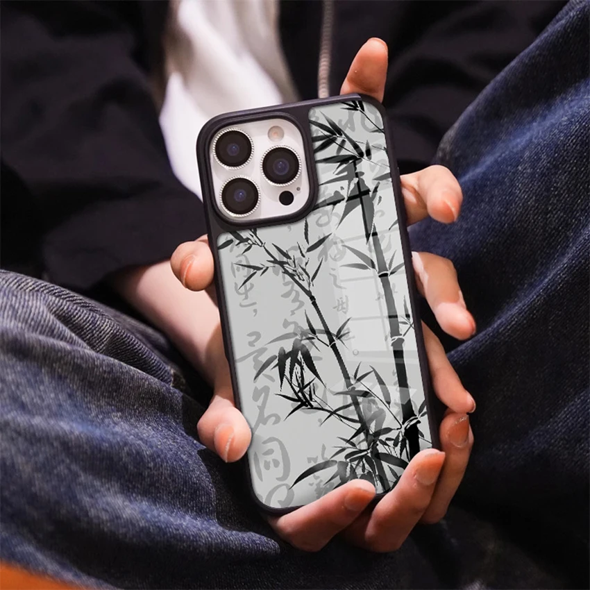 Custodia per telefono con pittura a inchiostro Shui in stile cinese per Iphone 16 15 14 13 Pro 12 Max Plus 16Pro Custodia per telefono in bambù Anti Goccia 15Pro Cover