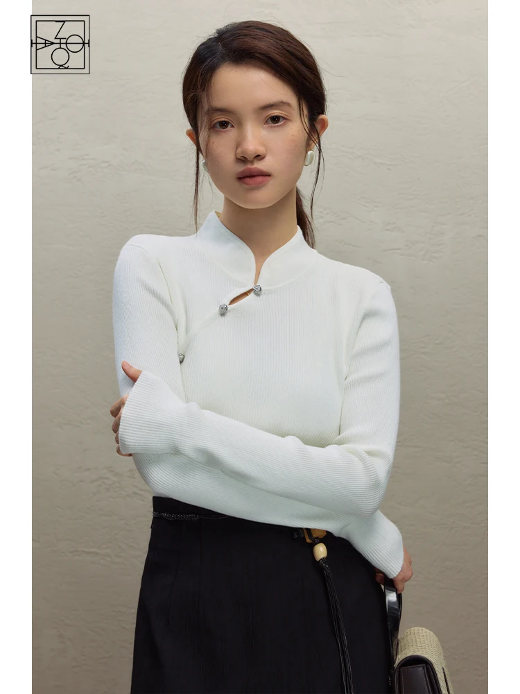 ZIQIAO Improved New Chinese Style Slim Knitted Sweater for Women 2023 Autumn Winter New Stand Collar Temperament Slim Top Female