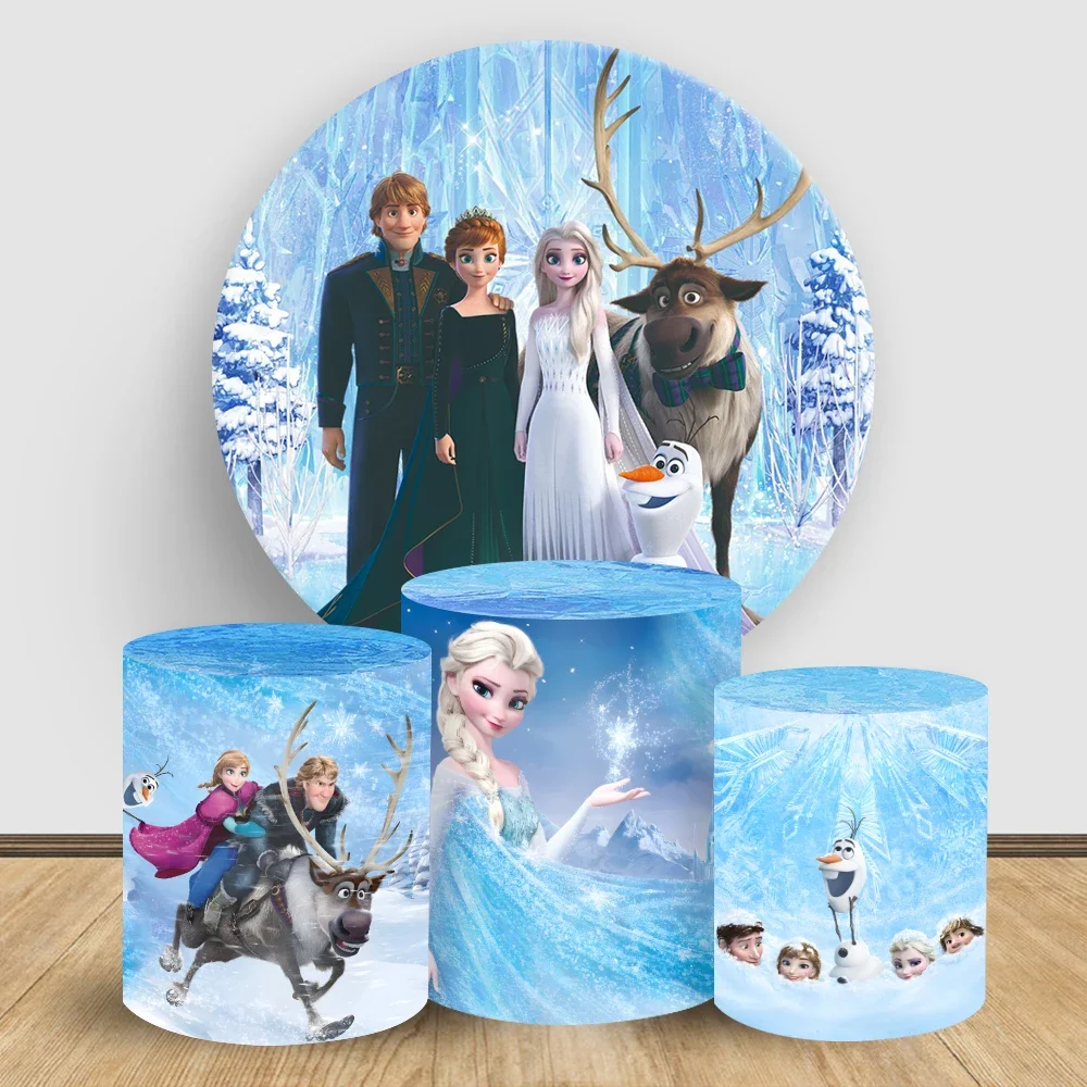 Disney Snow Queen Princess Elsa Theme Circle Round Background &Cylinder Cover Birthday Baby Shower Backdrop Custom Party Decor