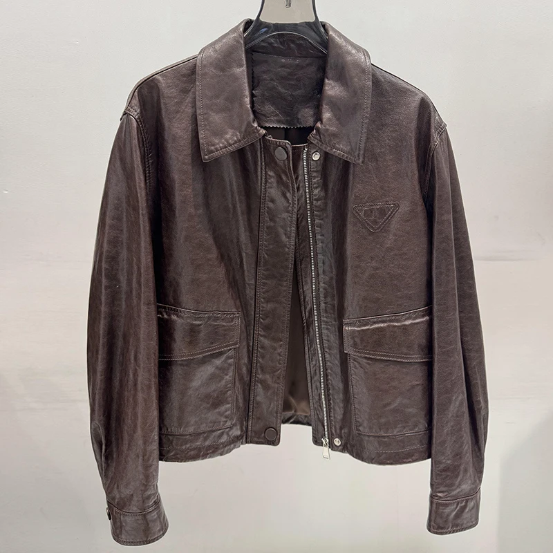 Genuine Leather Casual Jacket Women's Retro Distressed Oil Waxes Coffee/Black Female Lapel First Layer Sheepskin Coats Tops 2026