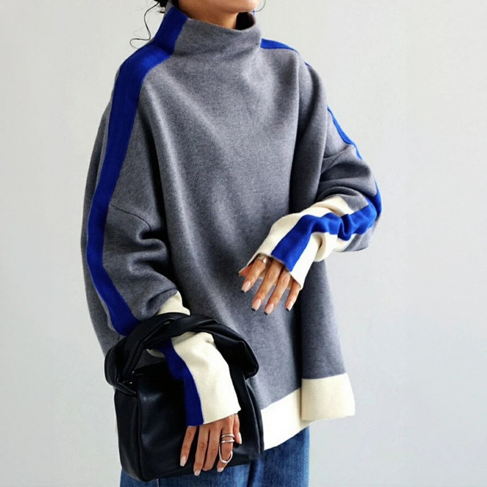 

Женский лоскутный свитер с высоким воротником и длинным рукавом, осенне-зимняя мода, повседневная шикарная стильная повседневная одежда