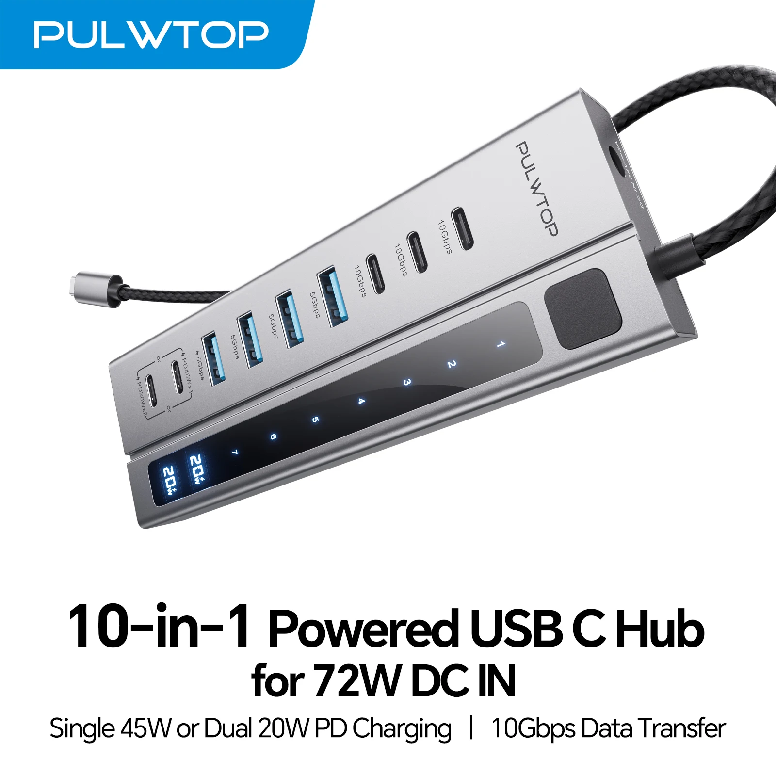 PULWTOP Powered USB C Hub, with USB C 10Gbps, USB A 5Gbps, 20/45W USB C PD Charging Ports, Supports Mac, PC and USB Flash Drives