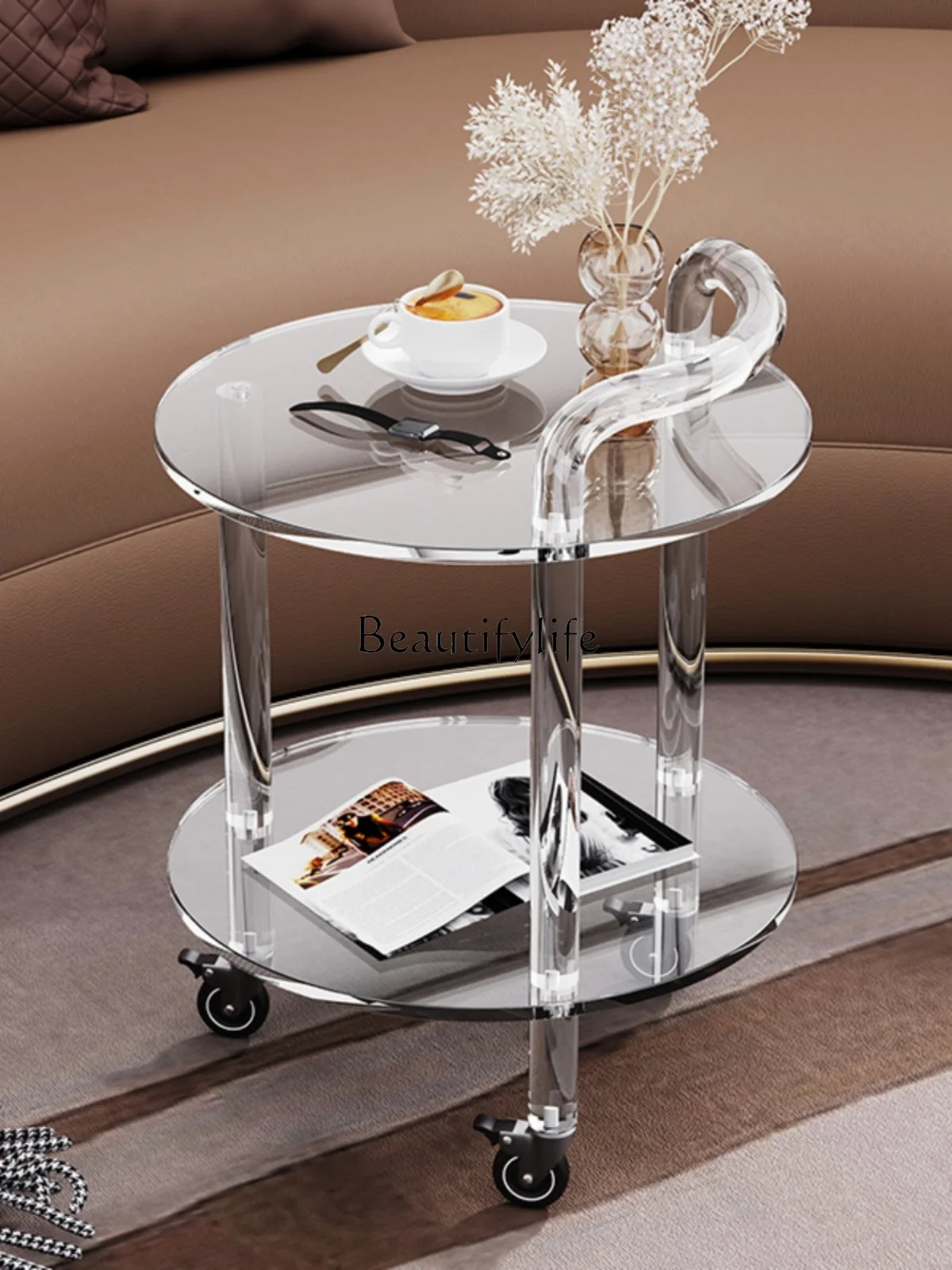 Creative Acrylic round Tea Table Sofa Small Table Simple Modern Floor Transparent Trolley