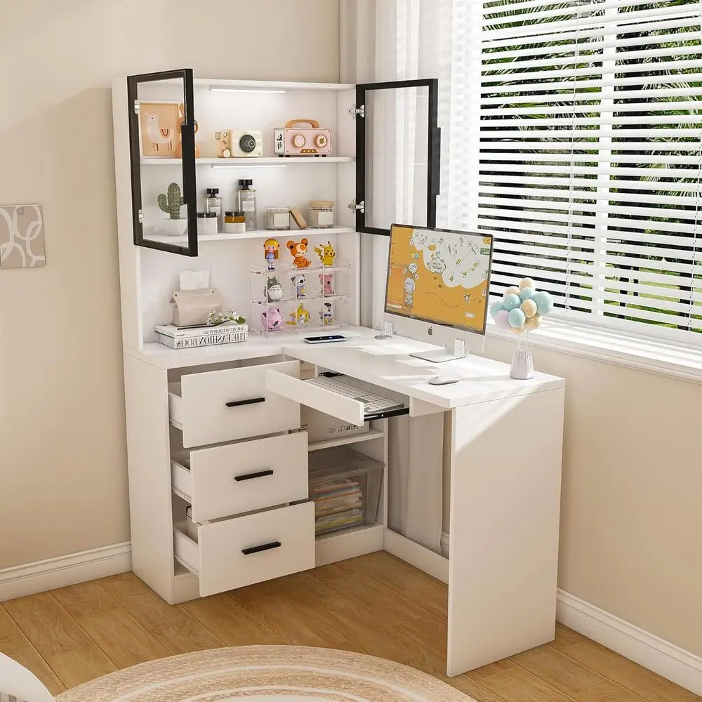 LED-lit L-Shaped Desk with Glass Cabinet, Power Outlets, and Sliding Drawers for Home Office, Study, or Gaming