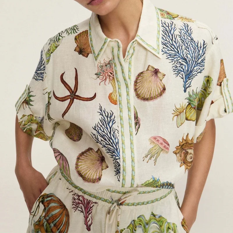 

Hawaiian Cute Sea Pattern Linen 2 Piece Sets Polo Collar Button Up Loose Shirt Coat Elastic Waist Short Loose Elegant Sexy Women