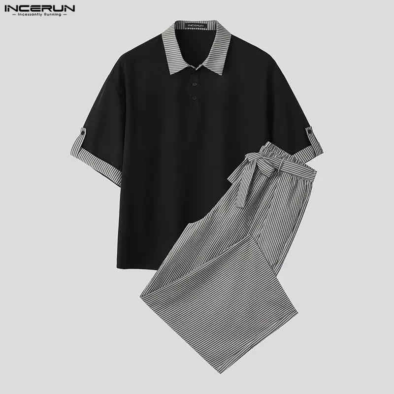 ชุดเซ็ตผู้ชาย INCERUN เสื้อเชิ้ตแขนสั้นลายทางต่อผ้าปกตั้ง & กางเกงขายาวผูกเชือก ชุดสองชิ้น สไตล์สตรีทแวร์ ทรงหลวม สบายๆ ชุดสูทผู้ชาย