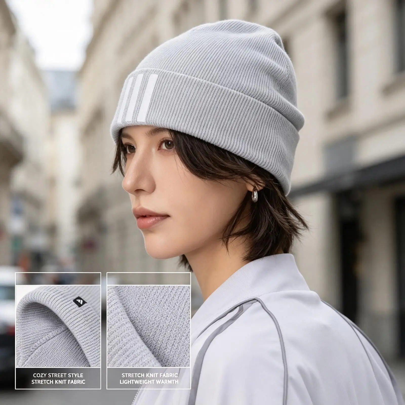 Hot 2026 Adidas Grey Knit Beanie Soft Stretch Winter Hat Minimal Logo Warm Casual Street Style Cap for Men Women KA2359