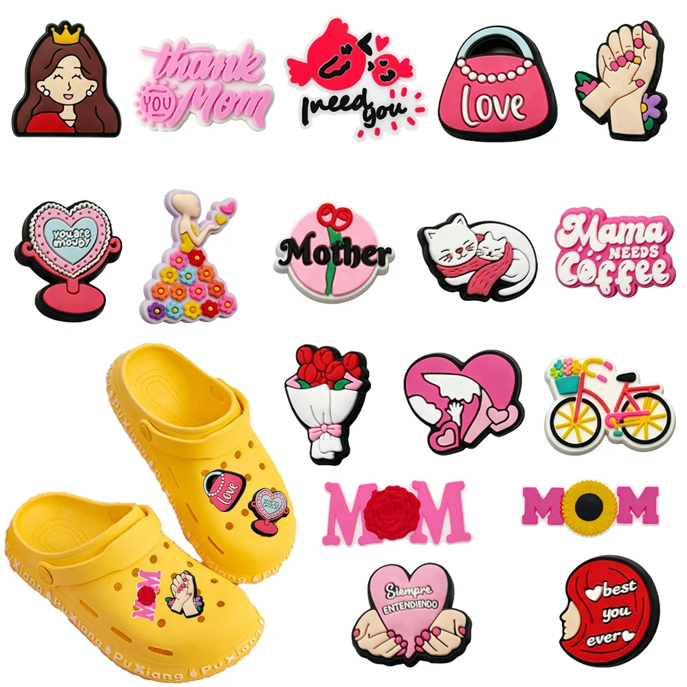 New 17pcs Cartoon Mother's Day Series PVC Shoe Accessories Wristbands Slipper Decoration DIY Detachable Creativity Party Gifts