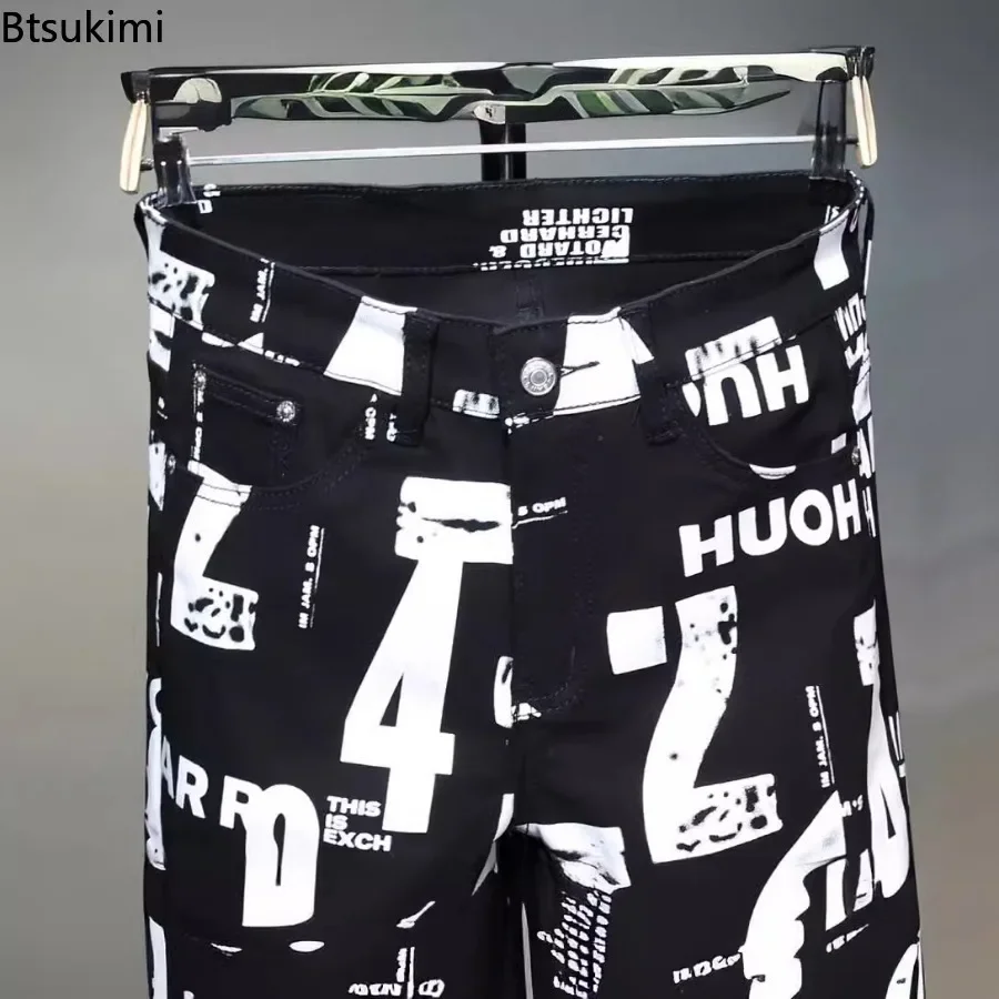 2025 New Men's Letter Printed Jeans Trend Street Style Casual Hip Hop Trousers Men Elastic Slim Denim Pants Fashion Pencil Pants
