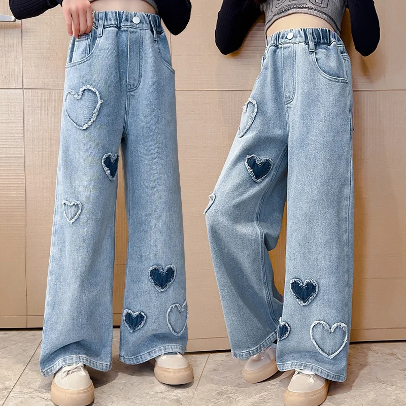2023 autumn winter Teenager Girls Jeans Children Fashion heart Pencil Pants 5 6 7 8 9 10 11 12 13 14 Years Baby Trousers Kids