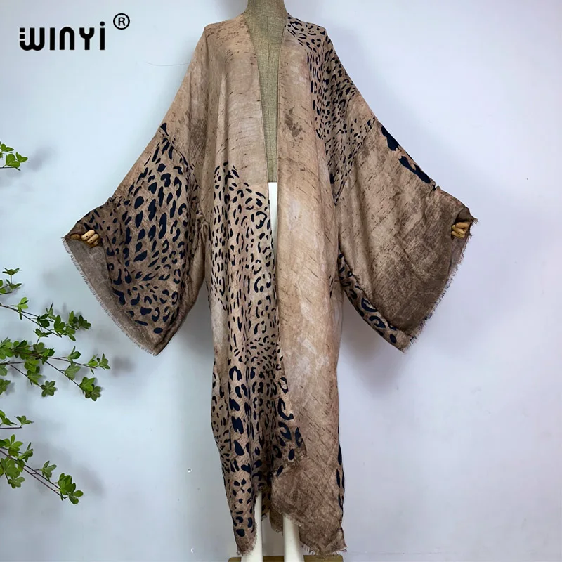 WINYI Summer Bohemian leopard print Beach Wear Swim Suit Cover up Europe women Cardigan colorful sexy Holiday long Sleeve Kimono