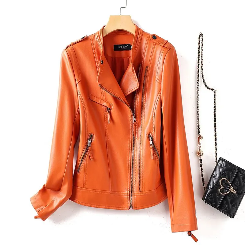 2025 Streetwear Leather Jacket Women's Short Coat Spring Autumn Zipper-up Stand-up Collar Slim PU Leather Outerwear Moto Tops
