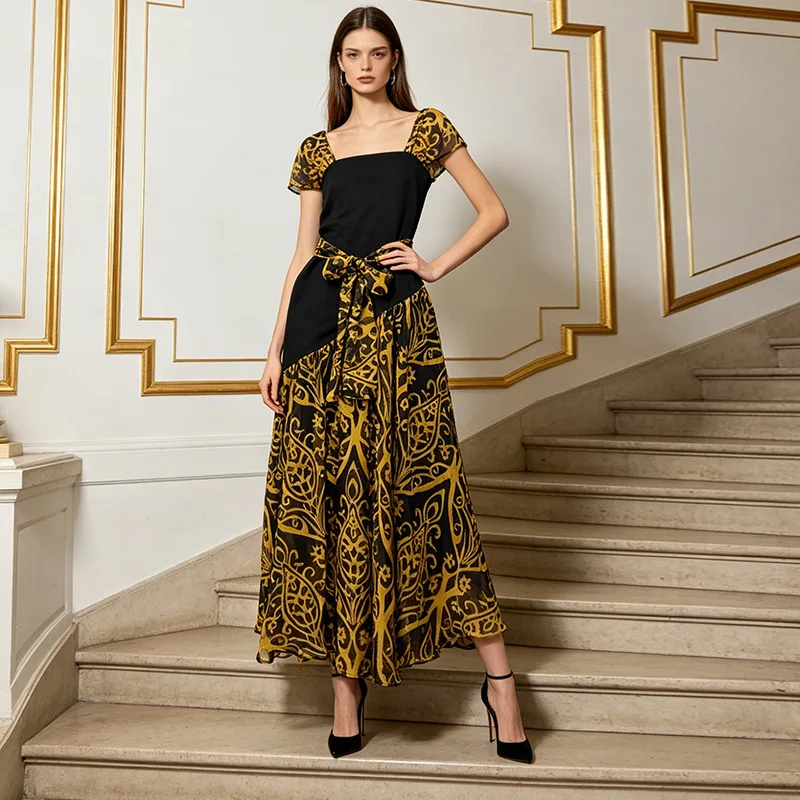 New Design Color Blocking Slimming Spliced Printing Dress Square Neck Short Sleeves Long Dress Retro And Elegant Style Female