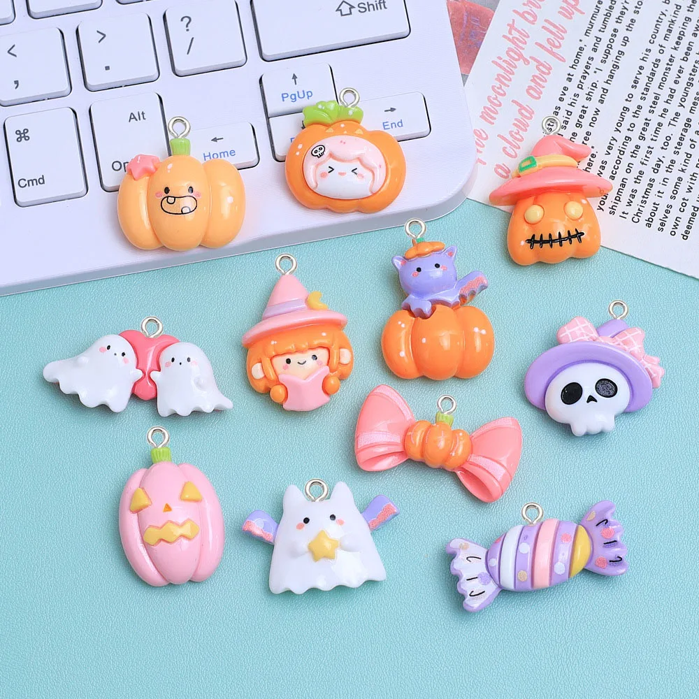 10pcs Halloween Cartoon Cute Pumpkin Witch Ghost Glossy Resin Pendant Handmade Cream Gum Resin Accessories Making for Keychain