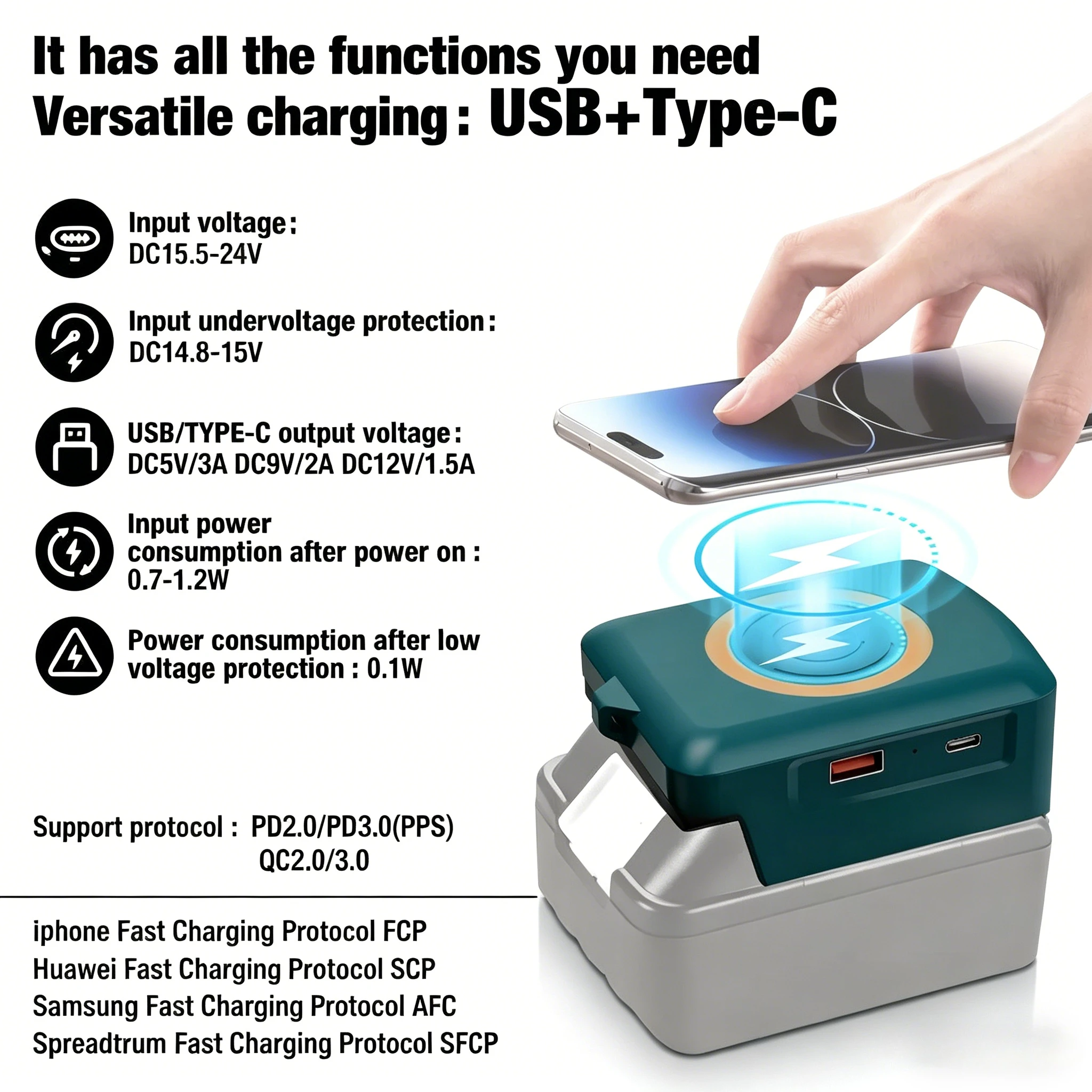

15W Wireless Charger Adapter for Makita 18v Battery Wireless Charging Adapter for Phone with Type C USB 2.1A