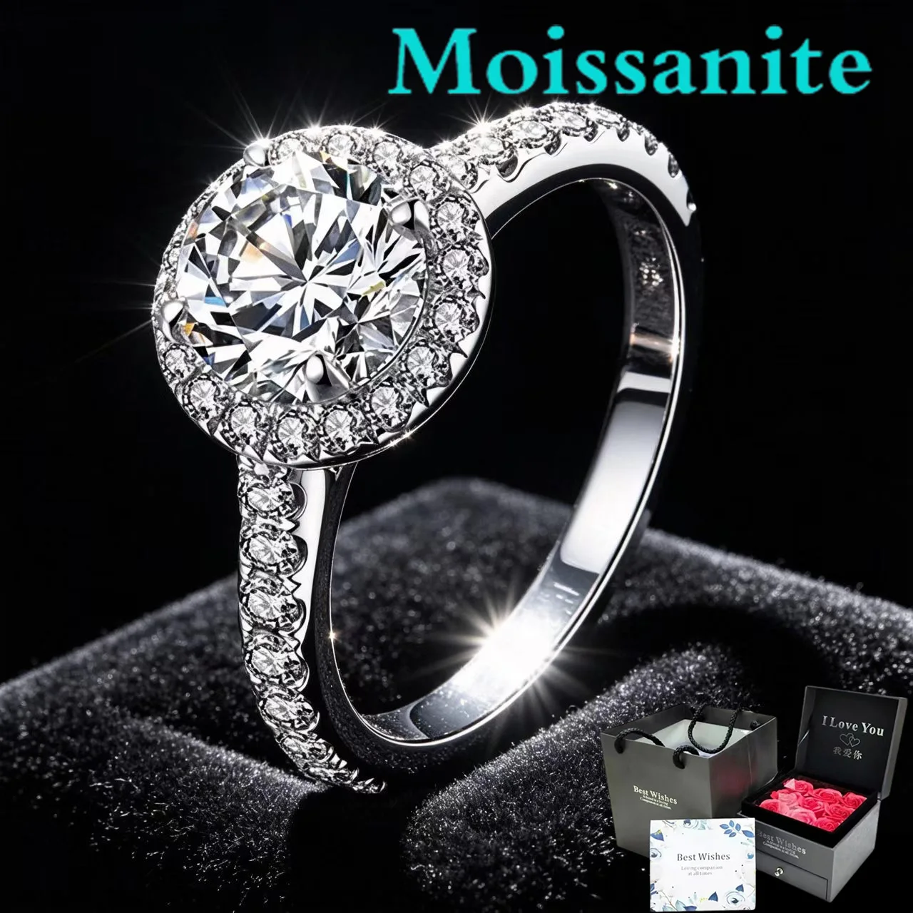 

S925 pure silver 1-carat moissanite square ring for women, high-end glittering diamond, fashionable and luxurious