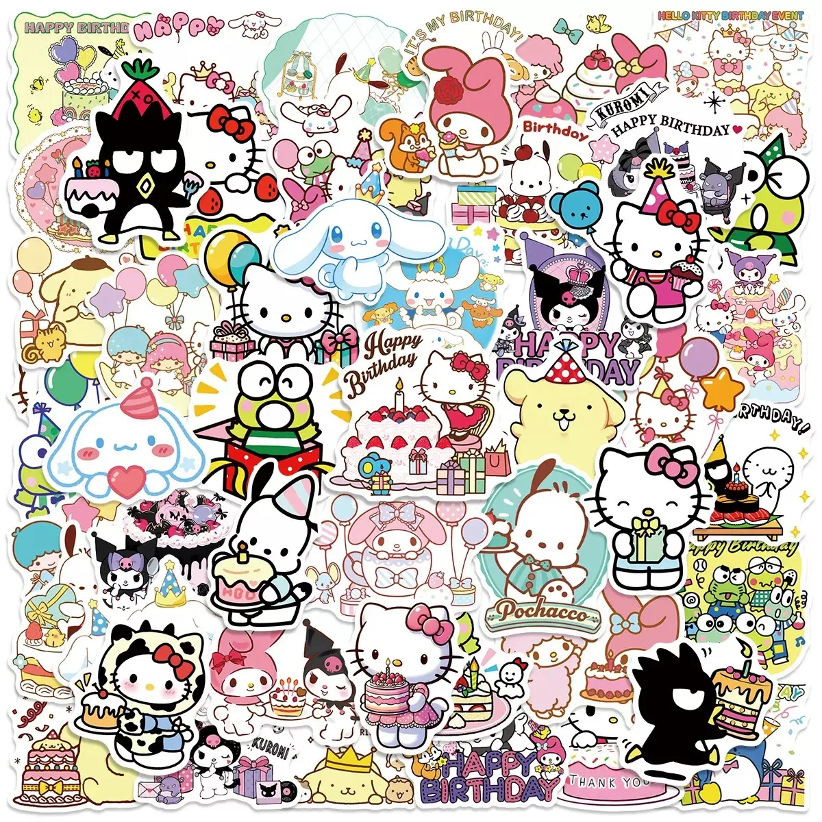 

10/50PCS Cute Hello Kitty Birthday Graffiti Stickers Kawaii Sanrio Decal Decoration Guitar Skateboard Phone Waterproof Sticker