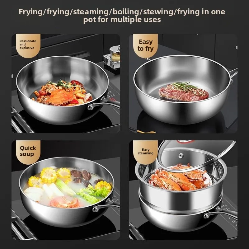 316L stainless steel deep wok household and commercial thickened frying pan flat bottom wok induction cooker gas stove universal