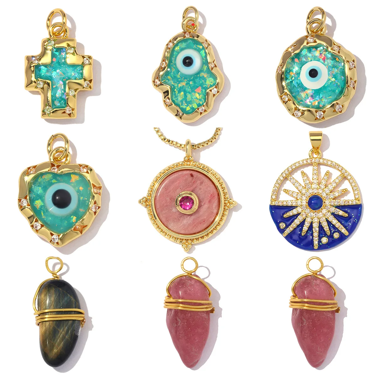 3 Stück/Set Kupfer-Emaille Hamsa Hand Auge Kreuz DIY Anhänger Zirkon Sonne Halsketten-Anhänger Damen Naturstein Schmuck Großhandel