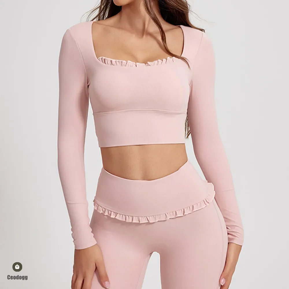 

Fitness Sports Long Sleeve Top Running Square Neck Lace Tight Outwear with Chest Pad Long Sleeve Sports Yoga Clothes XP07