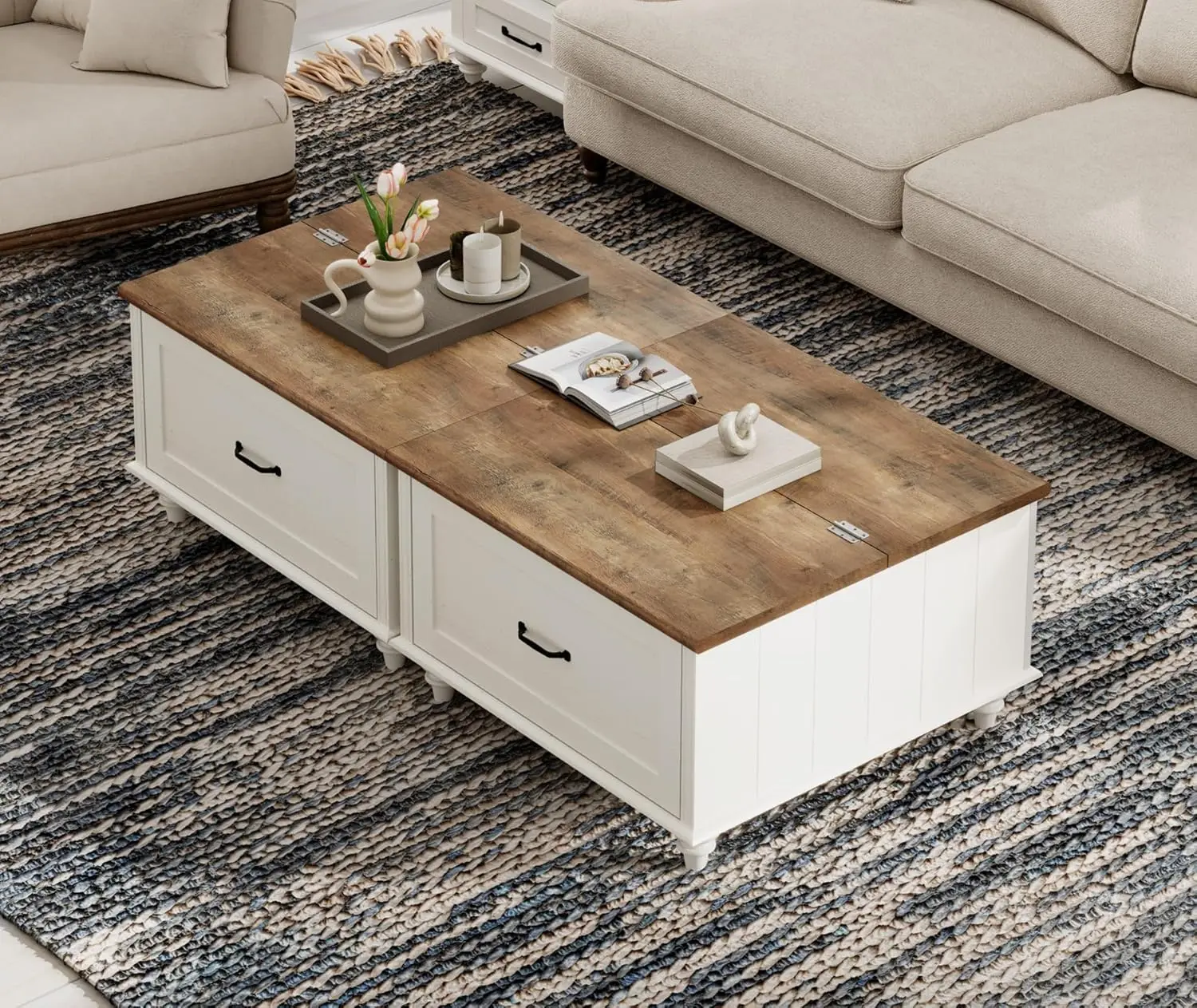 Farmhouse Coffee Table With Storage, Set Of 2 Square Coffee Table With Lift Top & Drawers For Living Room, Wooden, Customized