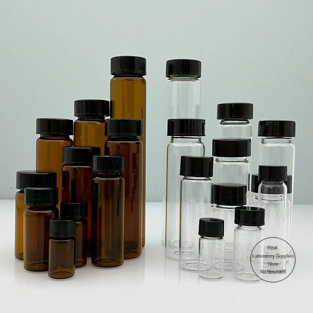 10pcs/lot 3ml 5ml 10ml 15ml 20ml 30ml 40ml 50ml (Clear/ brown) Glass Seal Bottle Reagent Sample Vials With Plastic Lid Screw Cap