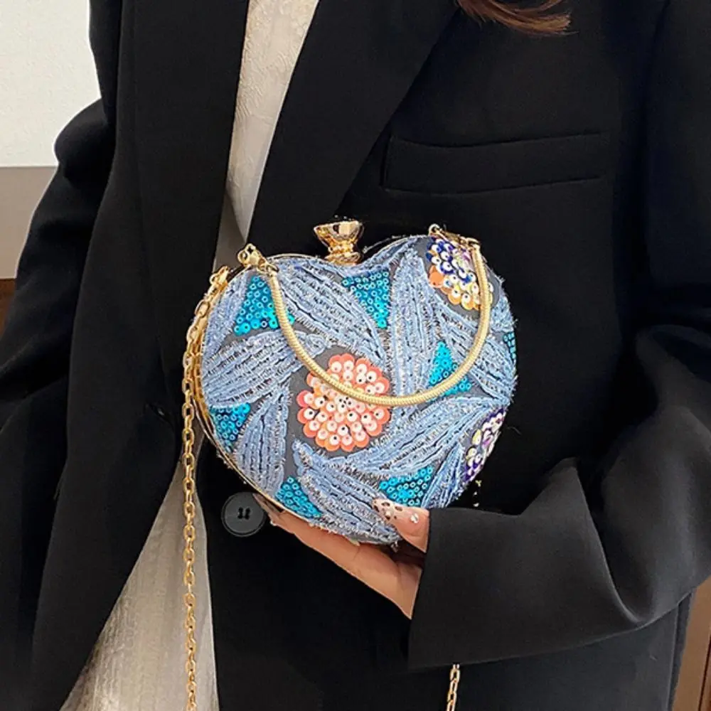 

Glitter Sequin Evening Banquet Bag Embroidery Elegant Heart Shape Handbag Sweet Large Capacity Ladies Clutch Bag Girls