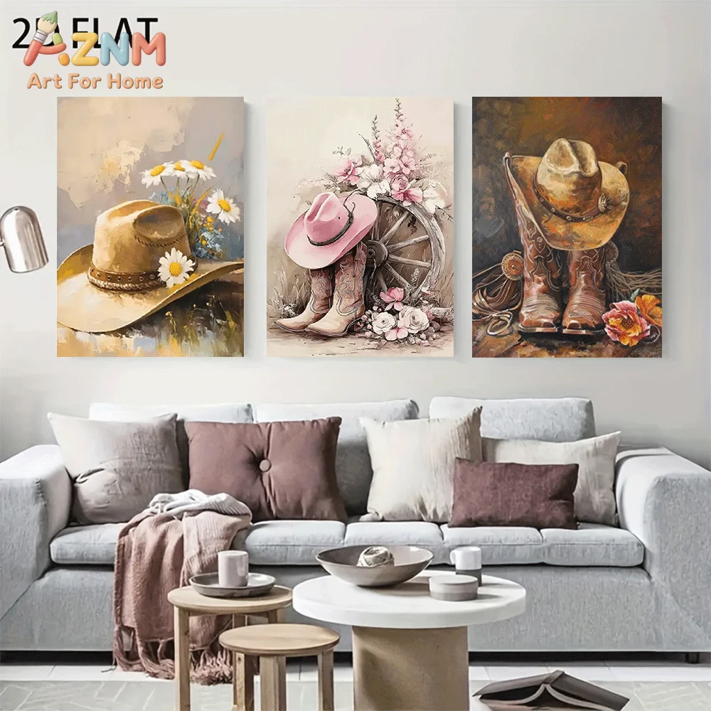 AZNM Frameless Canvas Wall Art, Vintage Western Cowboy Hat Boots Floral Print, Rustic Farmhouse Wall Decor for Living Room Bedro