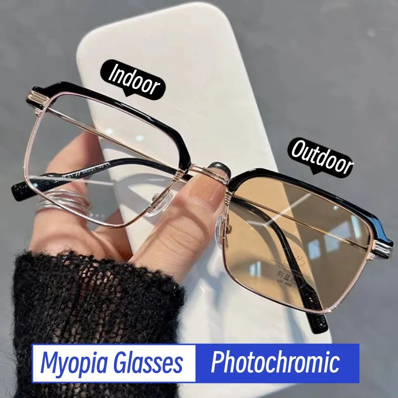 Women Trendy Photochromic Myopia Glasses Anti-blue Light Color Changing Sunglasses Minus Diopter Eyeglasses Near-sighted Eyewear