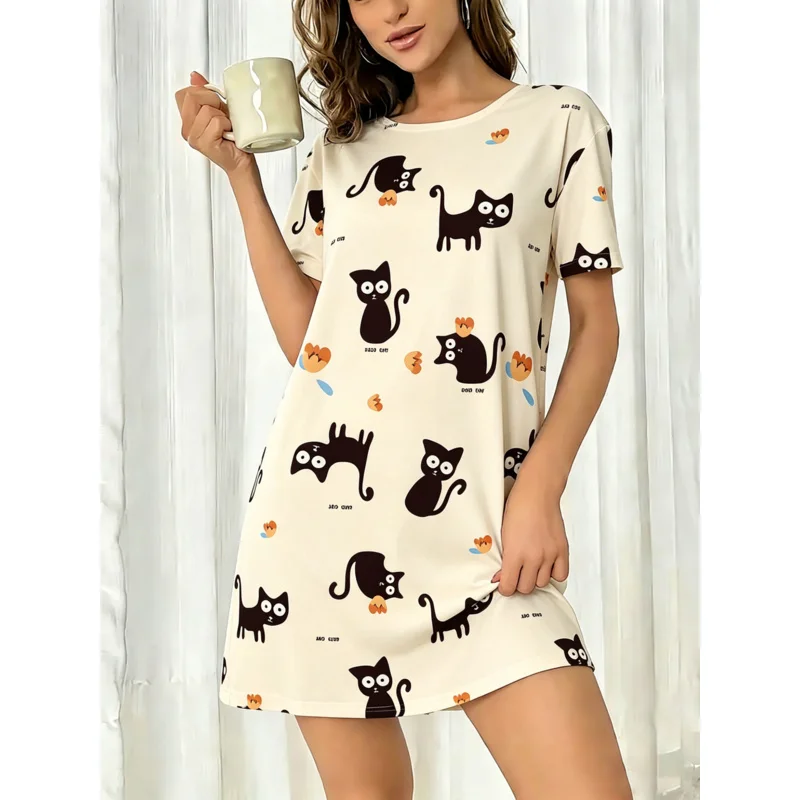 

Women's Spring Summer Beige Sleep Dress Round Neck Short Sleeve Cute Allover Cartoon Black Cat Flower Print