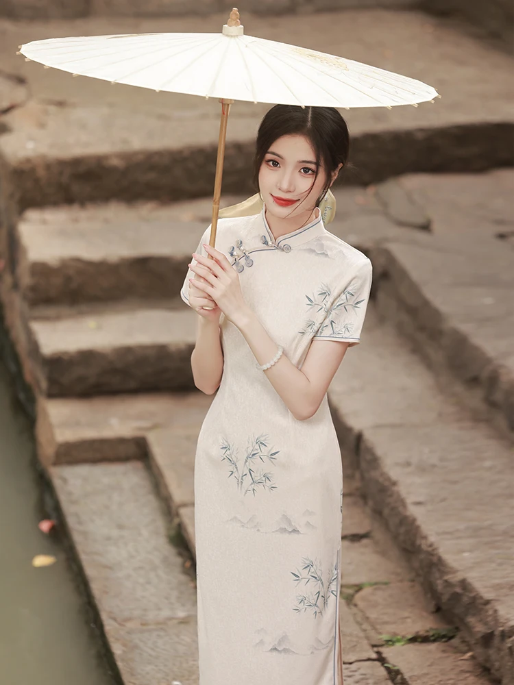 

Young Women's New Sle Summer Qipao Dr Bamboo Le Design Ele ort Sve Low Slit Daily Wear Polyester Fiber