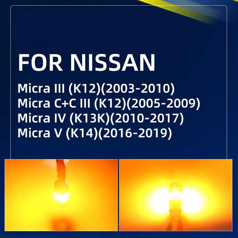 2pcs Car LED Turn Signal Lights Bulbs For Front/Rear Direction Indicator Amber For NIssan Micra C+C MK3/4/5 K12 K13 K14