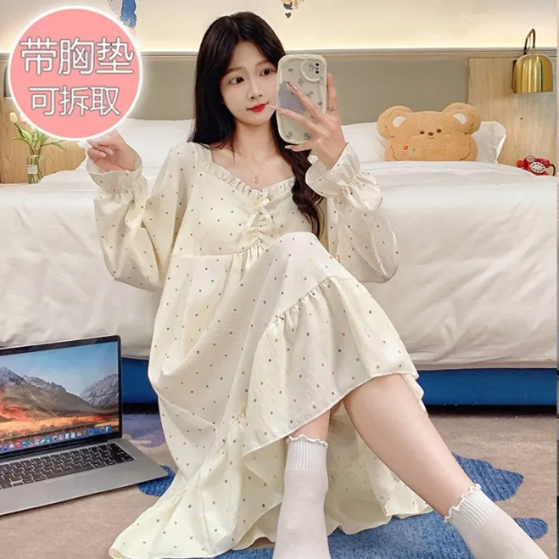 5XL Plus Size Sweet Nightgown with Chest Pad Women Autumn Long-sleeved Loose Pajamas Students Home Dress Cloud Cotton Loungewear