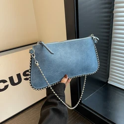 Solid Metal Pearl Chains Pu Shoulder Bags Zipper Thread Fashion Handbag 2024 High Quality Hot Sale Women's Bag Bolsos De Señora