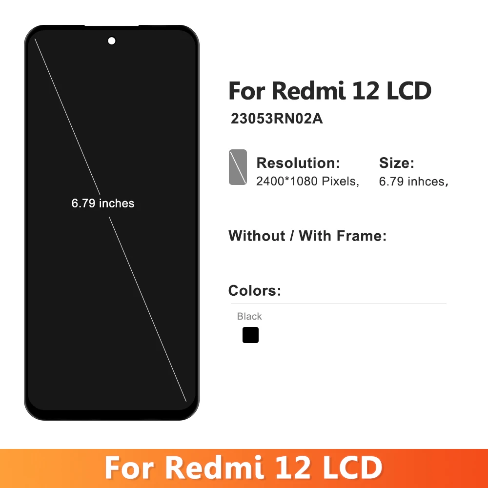 6.79'' AMOLED For Xiaomi Redmi 12 LCD 23053RN02A Display Touch Screen Digitizer Assembly For Redmi12 Display Frame Replacement