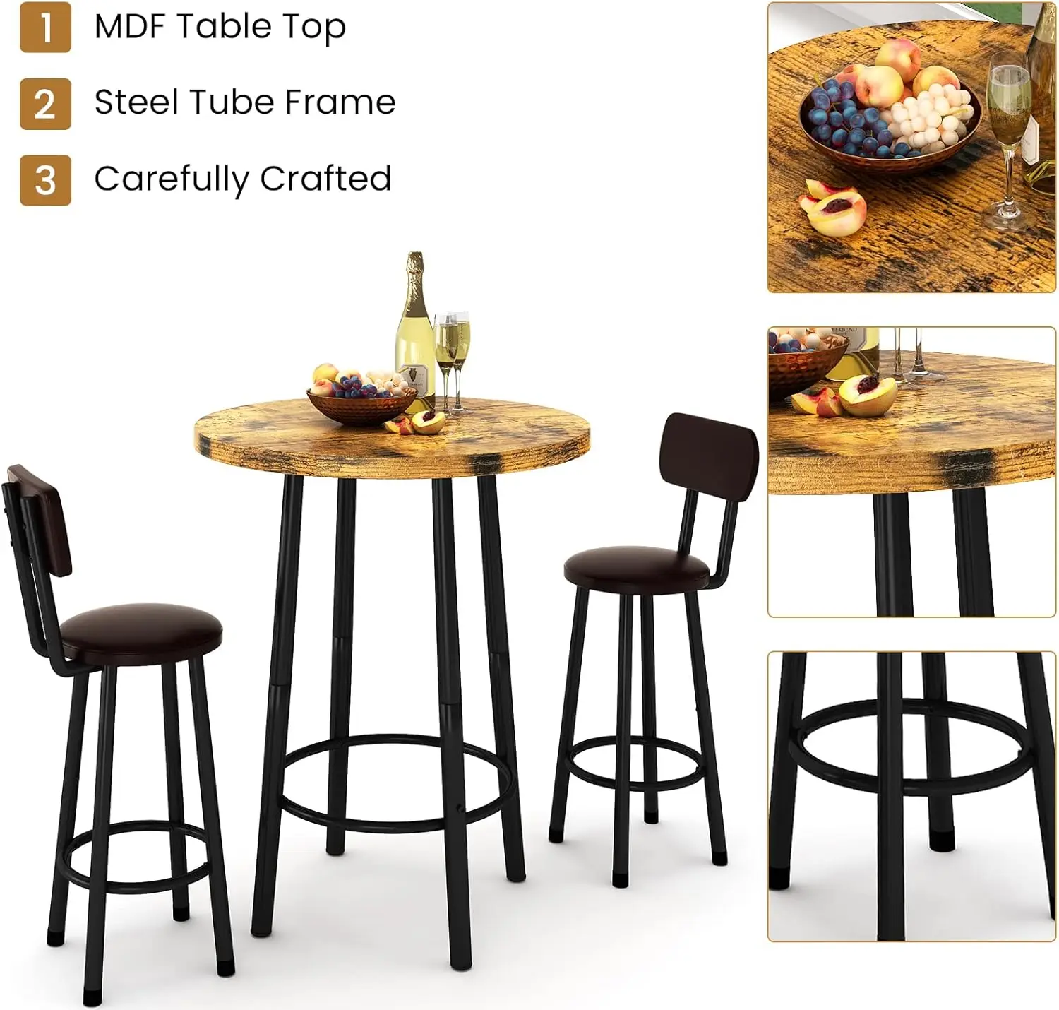 Conjunto de jantar pub de 3 peças, mesa de bar moderna e bancos para 2 bancos de cozinha, altura superior de madeira, bistrô, fácil montagem para café da manhã