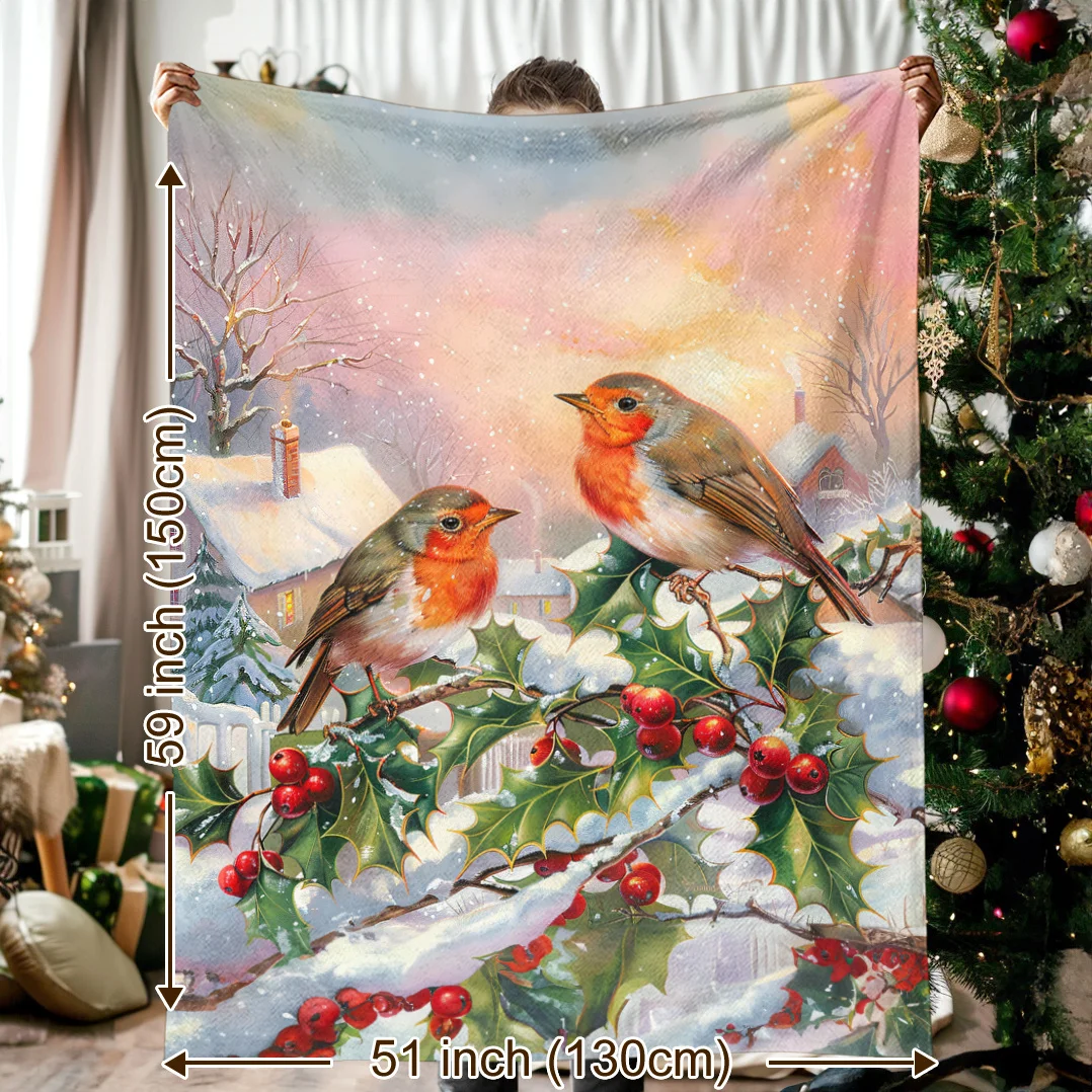 Watercolor Winter Town Blanket Christmas Birds Holly Berries Plants Soft Cozy Warm Throw for Bed Sofa Travel Gift