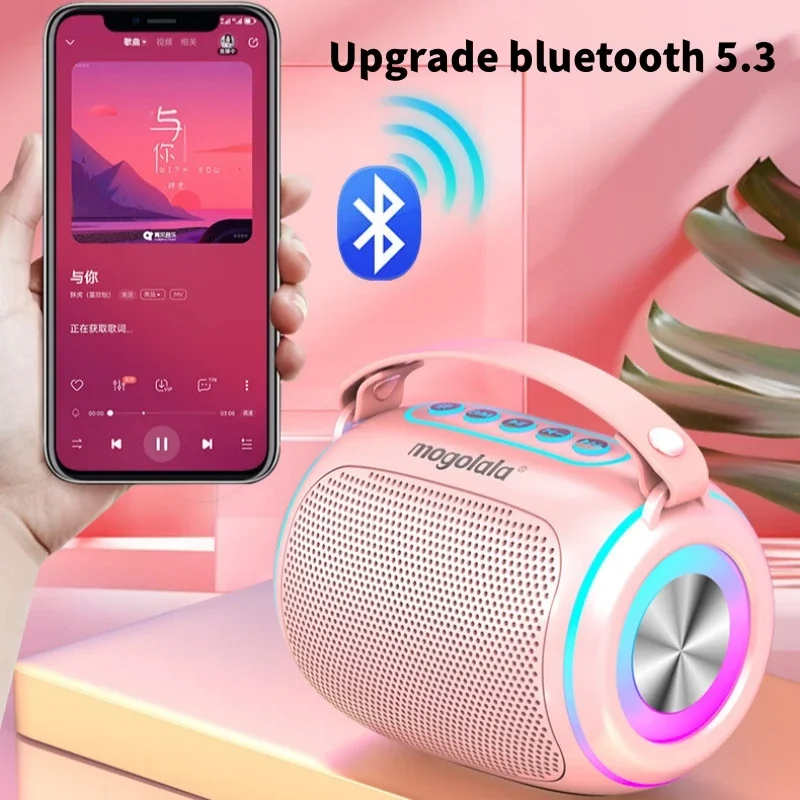 더블 위트 휴대용 블루투스 스피커 마이크 세트, 컬러풀 라이트 서브우퍼 가정용 어린이 파티 카라오케 기계