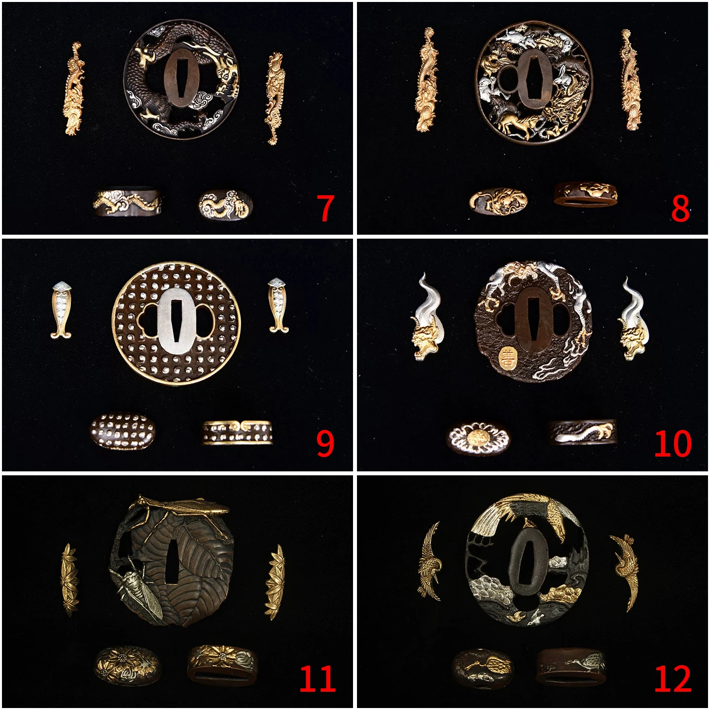 Vintage Oriental Craft Collectible Copper Gilt Silver Tsuba Fitting Set Relief Pattern Sword Guard For Samurai Katana Wakizashi