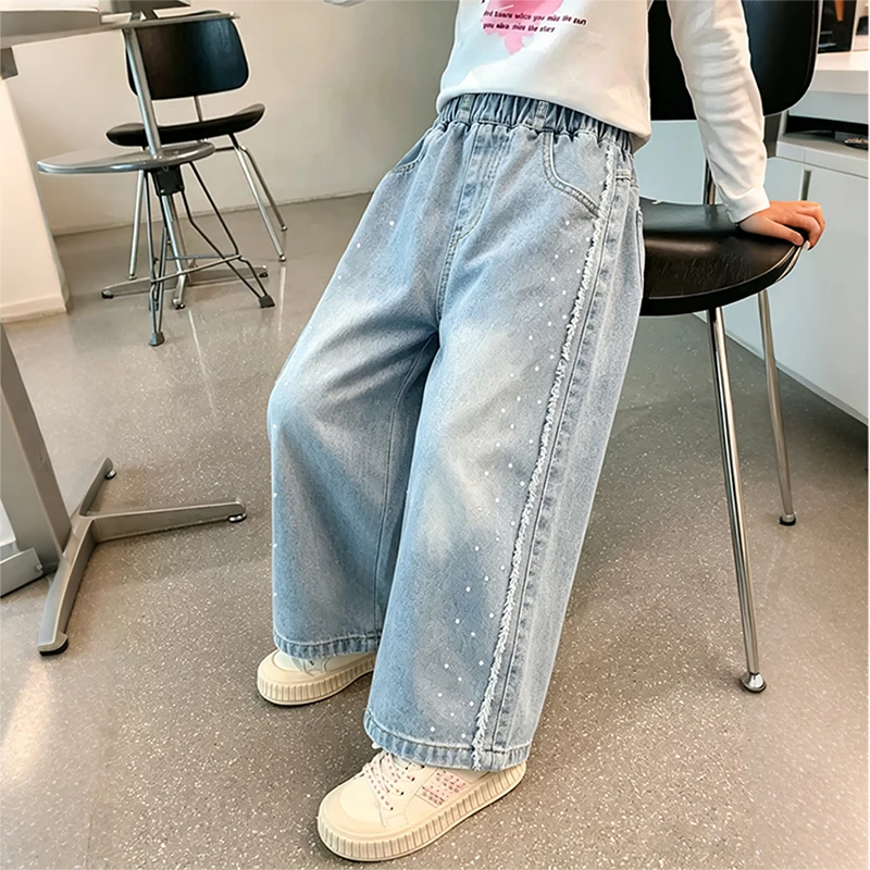 Girls' Jeans Spring and Summer Baby Girls' Washed Soft Denim Straight Wide-Leg Pants Children's Korean-Style Loose Long Pants