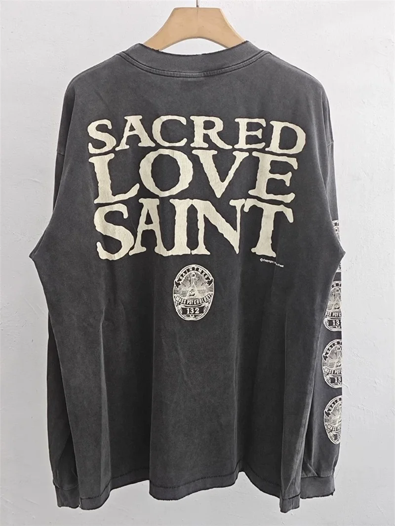 Saint Michael Portrait Print Long Sleeved T Shirts Men Women Love Saint Washed Black Hoodies