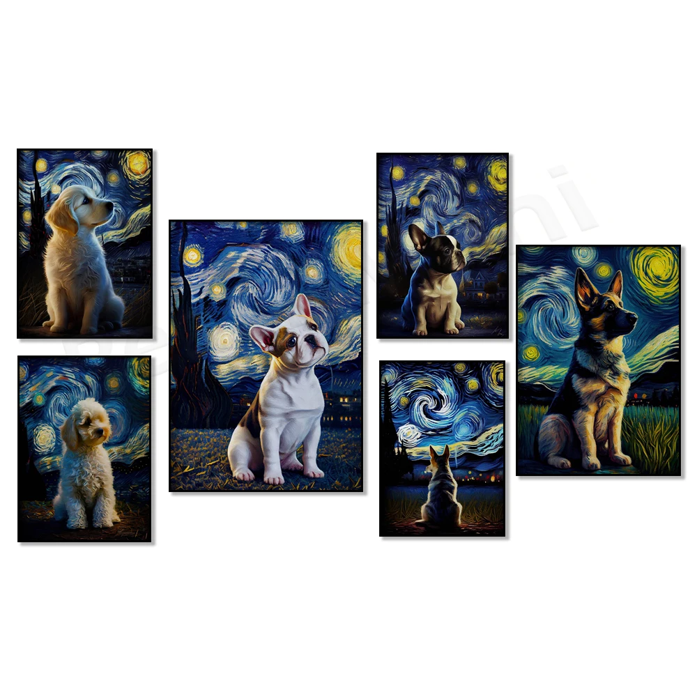 Vincent van Gogh's starry night golden retriever, german shepherd, poodle, french bulldog, funny van gogh dog portrait poster