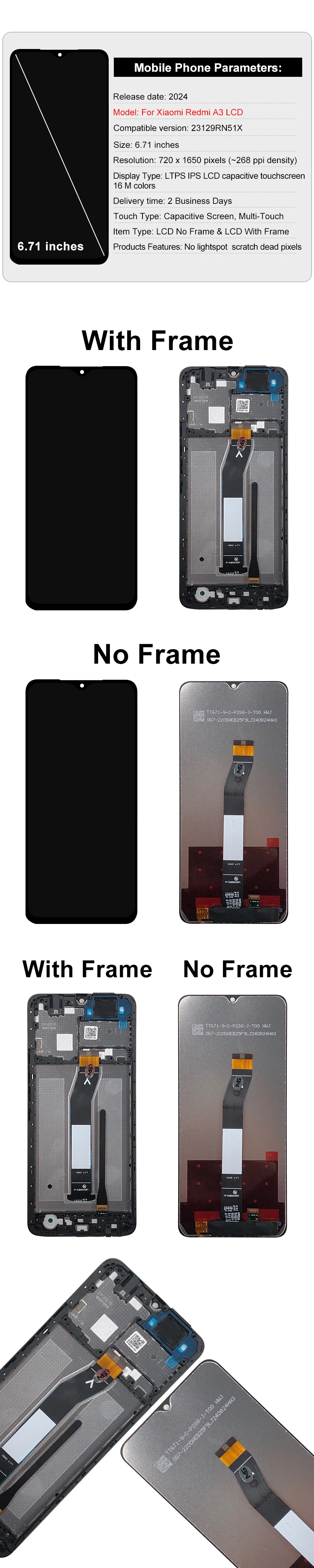 6.71" For Xiaomi Redmi A3 Display LCD 23129RN51X Touch Screen Digitizer Assembly For Redmi A3 LCD With Frame Replacement Parts