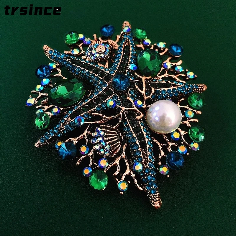 Large Vintage Luxury Mermaid Turtle Starfish Animal Brooches Gold Color Alloy Pearl Crystal Brooch Lady Party Pins Accessories