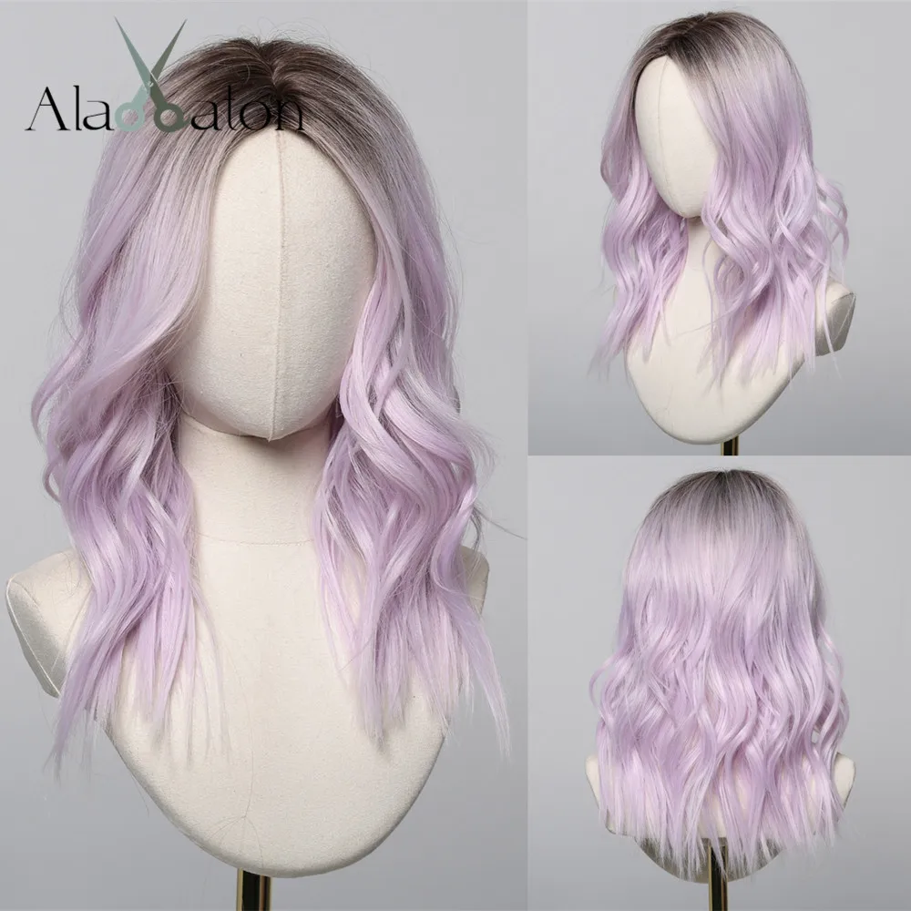 ALAN EATON Light Purple Wavy Wig for Women Natural Ombre Purple Wig Medium Length Synthetic Hair Heat Resistant Fiber Party Use