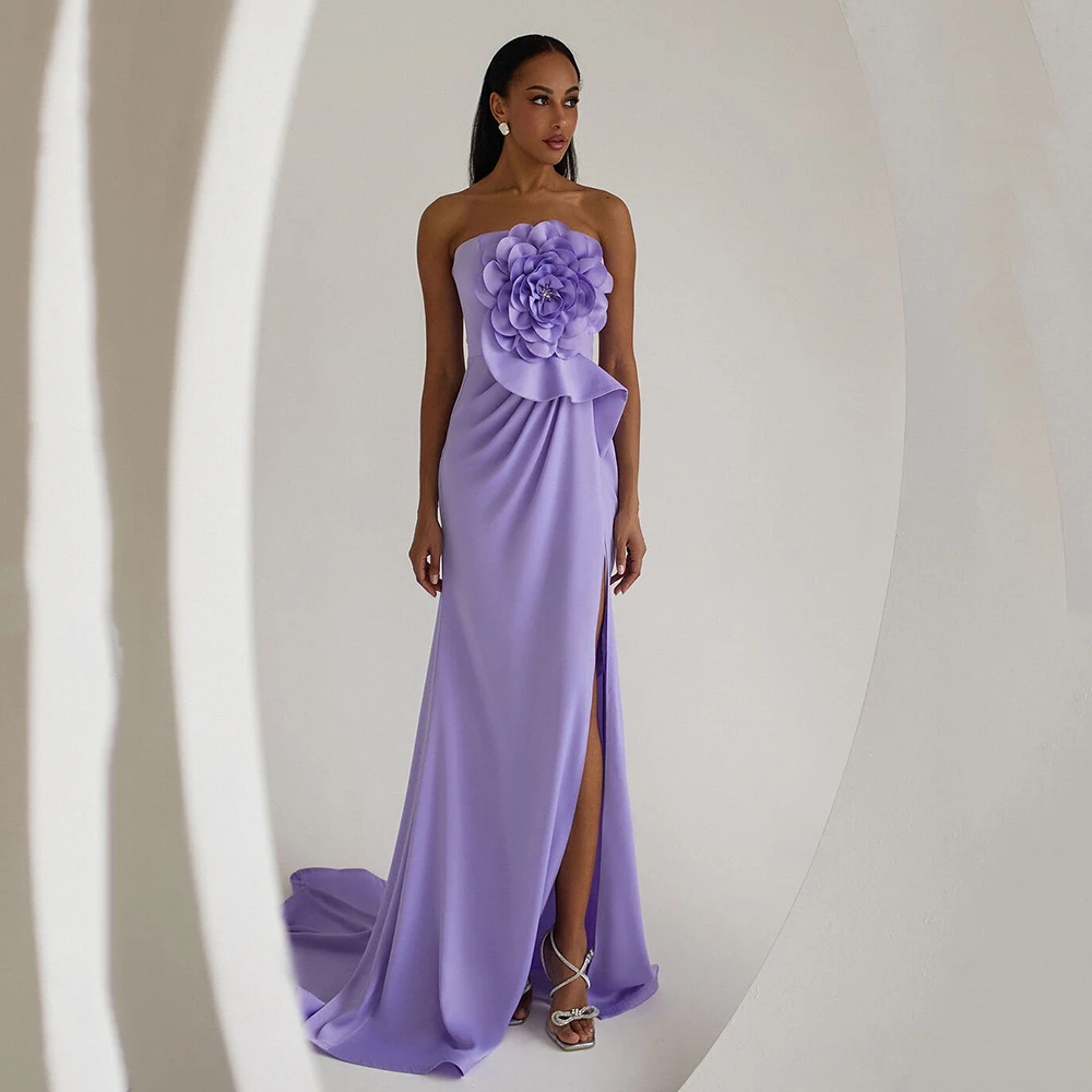 2024 Lavender Prom Dresses with Flower Strapless Side Slit Evening Gowns Mermaid Formal Satin Wedding Party Dress