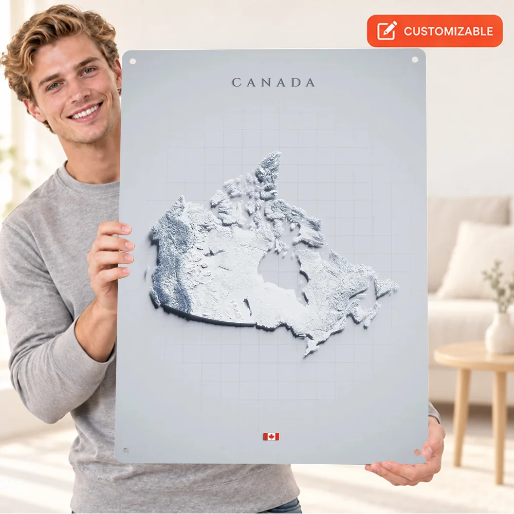 Canada Terrain Map Aluminum Poster Personalized Metal Sign White Relief Effect Wall Art For Office Reception Housewarming Gift