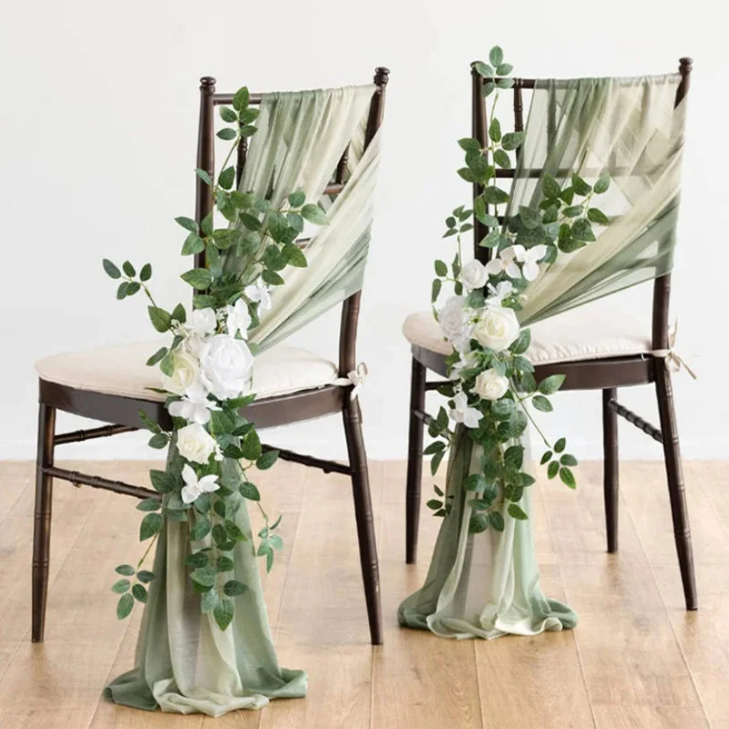 

3Pcs Chiffon Chair Sashes with Artificial Flowers, Faux Flowers, Fake Flowers for Wedding, Baby Shower, Party Aisle, Hotel Banqu
