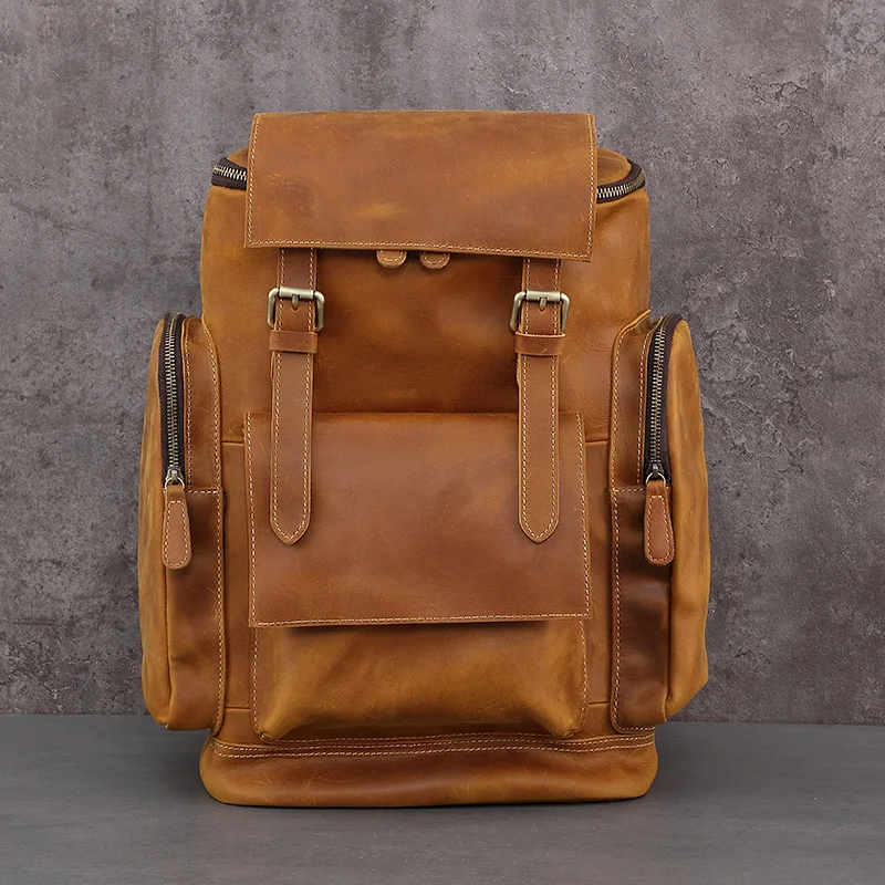 New Premium Men's Vintage 17-inch Laptop Backpack - Full-grain Crazy Horse Leather Travel Bag with Large Capacity