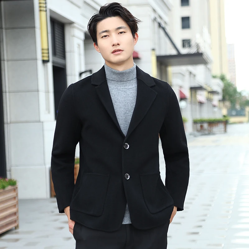 MVLYFLRT Men\'s Solid Color Tailored Collar Clothing 100% Pure Wool Handmade Short Coat, Korean Version Slim Fitting Coat Jacket